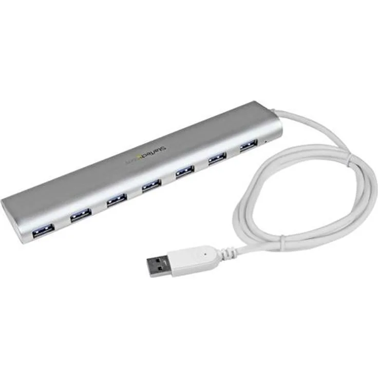 StarTech.com 7 Port kompakter USB 3.0 Hub mit eingebautem Kabel, Aluminium USB Hub, Silber