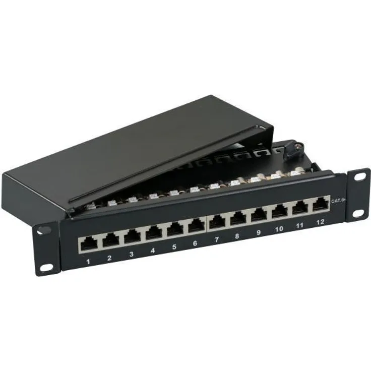 Helos 160430 CAT 6A Mini-Patchpanel 10' 1HE, 12-Port RJ45-Buchsen, hellgrau, Grey