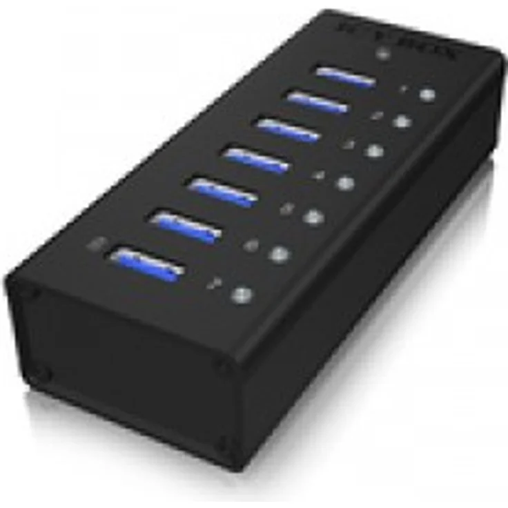 Icy Box IB-AC618 7-fach USB 3.0 Hub mit 12 V - 3 A Stromadapter, Aluminiumgehäuse und USB-Ladeport schwarz – Bild 1