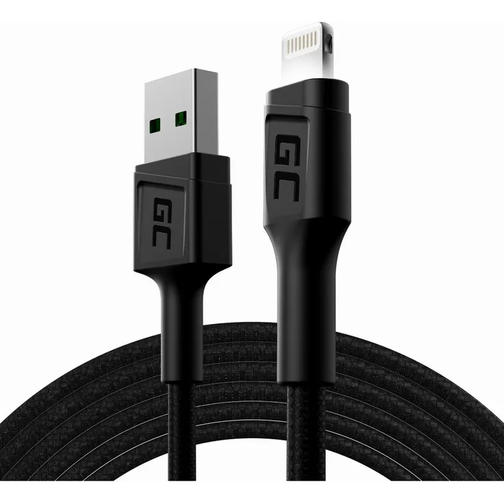 Green Cell Kab USB > Lightning 2 m Backlight White LED Black, Ladekabel/Datenkabel, schwarz, weiß