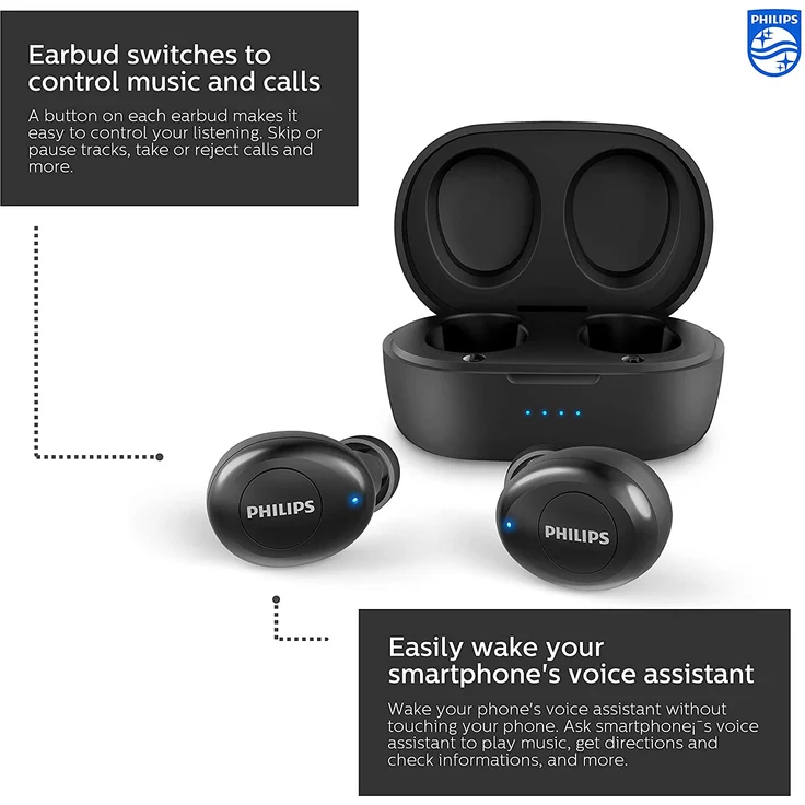 Philips T2205BK-00 True Wireless In-Ear Kopfhörer, mit Bluetooth, Mikrofon, spritzwassergeschützt, schwarz – Bild 4