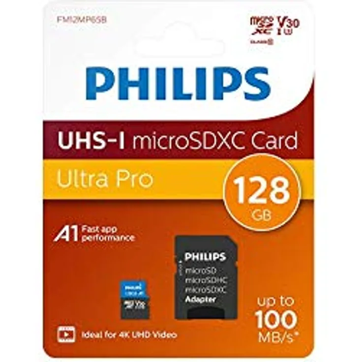 Philips Micro SDXC Karte 128GB, Class 10 UHS-I U3 4K, Adapter