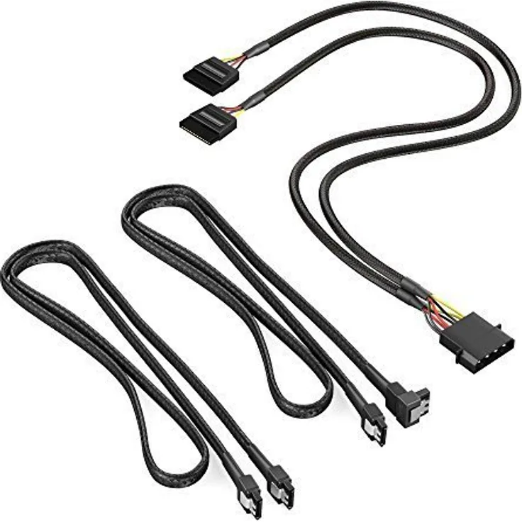 KabelDirekt - 4-Pin Molex auf 2 x 15-Pin SATA Stromkabel 30 cm + 7-Pin SATA 3 Datenkabel 6 Gbit-s 90° gewinkelt 60 cm + 7-Pin SATA 3 Datenkabel 6 Gbit-s 60 cm
