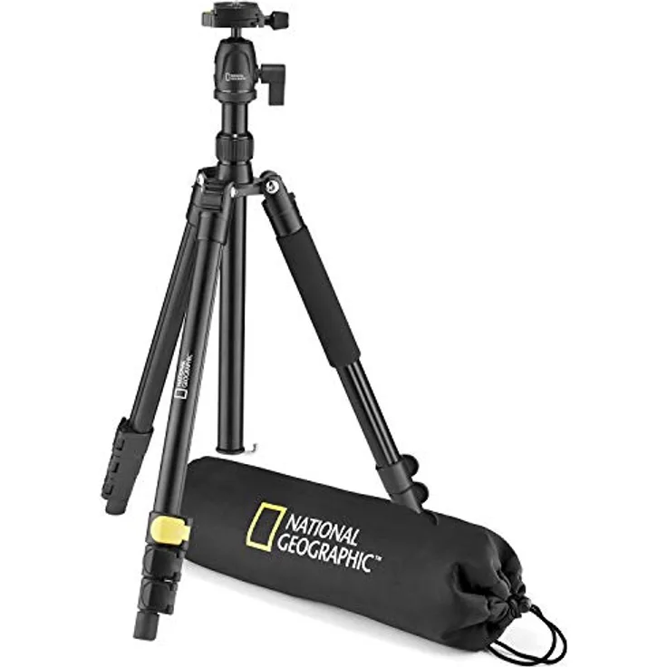 National Geographic Foto-Reisestativ-Set mit Einbeinstativ, Alu, vierteilige Beine mit Hebelverriegelung, Tragetasche, Kugelkopf, Schnellwechselplatte, bis 6 kg NGTR001L