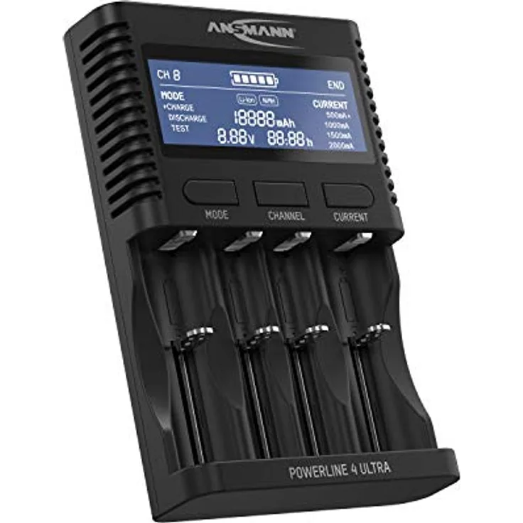 ANSMANN Akku-Ladegerät für AA-AAA-C-D NiMH Akkus & Li-Ion 18650-26650 Batterieladegerät mit 4 Ladeprogrammen: Laden, Entladen, Testen, Schnellladen + USB - Powerline 4 Ultra Akkupflegestation