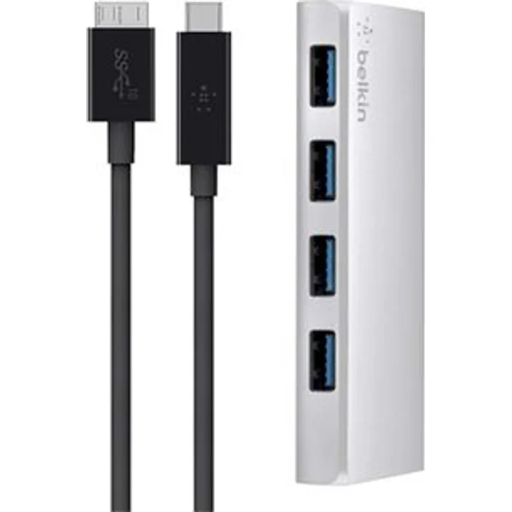 Belkin 4-Port USB 3.0 Hub USB-C auf USB-A (inkl. USB-C-3.1-Micro-B-Kabel, geeignet für MacBooks und Notebooks mit USB-C Anschluss), silber