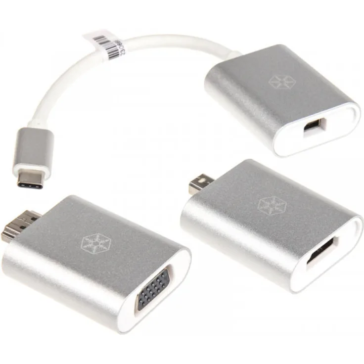 SilverStone SST-EP11S - vielseitiges Adapter-Kit, unterstützt Typ-C zu MiniDP, Typ-C zu HDMI, Typ-C zu VGA, MiniDP zu HDMI, MiniDP zu VGA, und HDMI zu VGA, silber