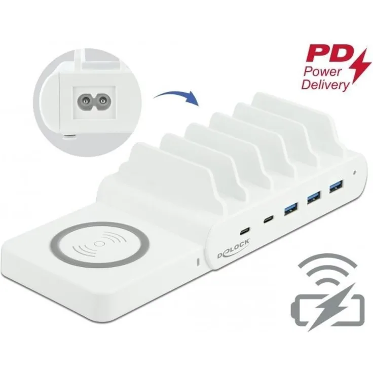 Delock USB und kabelloses Ladegerät 2 x USB Type-C PD + 3 x USB Typ-A mit 110 W
