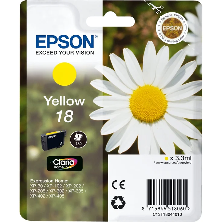 Epson Orginal 18 Tinte Gänseblümchen, XP-305 XP-402 XP-215 XP-312 XP-315 XP-412 XP-415 XP-225 XP-322 XP-325 XP-422 XP-425, Normalverpackung, Standard, (gelb) – Bild 1