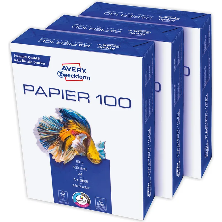 Avery Zweckform 2566 Drucker--Kopierpapier (1.500 Blatt, 100 g-m², DIN A4 Papier, hochweiß, für alle Drucker) 1 Box mit 3 Pack
