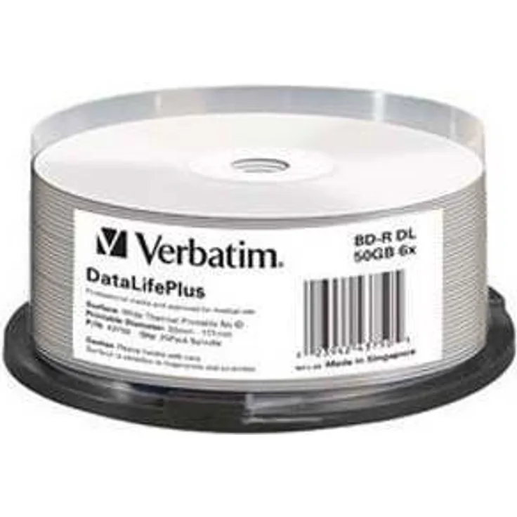Verbatim BD-R, Blu-Ray-Disk 50GB - Weiße bedruckbare Oberfläche - 6-fache Brenngeschwindigkeit - DataLifePlus - 25 Stück Spindel