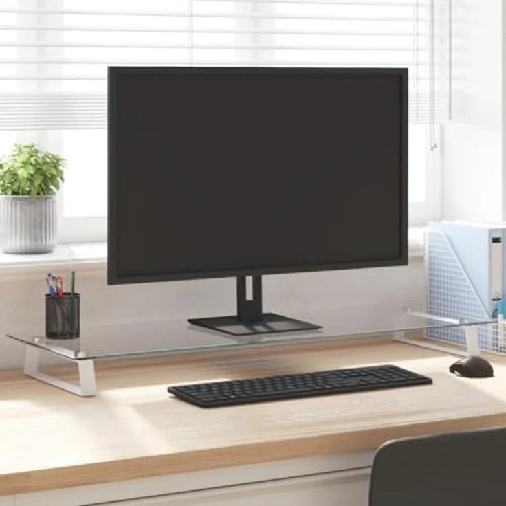 vidaXL Monitorständer, Monitorerhöhung mit Stauraum aus Hartglas und Metall, ergonomisch, Weiß 100x35x8cm – Bild 2