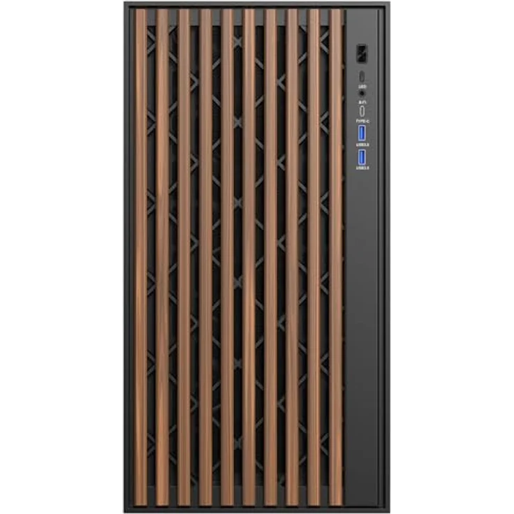 iTek Woody ATX Gehäuse, 3 x 14 cm, Lüfter schwarz, 2 x USB3, Typ-C, Holzfront, Seitenpanel aus gehärtetem Glas, schwarz – Bild 2