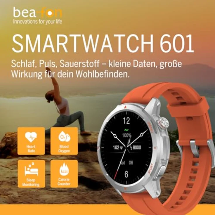 Beafon Smartwatch 601, 1,43“ AMOLED Display, Bluetooth Anrufe, GPS, Kompass, Höhenmesser, IP68, 5ATM, orange Sportband – Bild 3