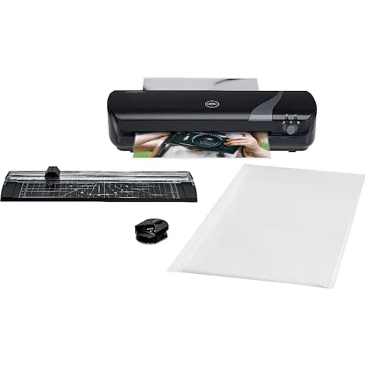 GBC Inspire+ 4-in-1 Set mit A4-Laminiergerät, Papierschneider und Eckenrunder, inkl. Starterkit mit Laminierfolien, Für 75 bis 125 mic Laminierfolien, Laminiergerät in Schwarz (4410036)