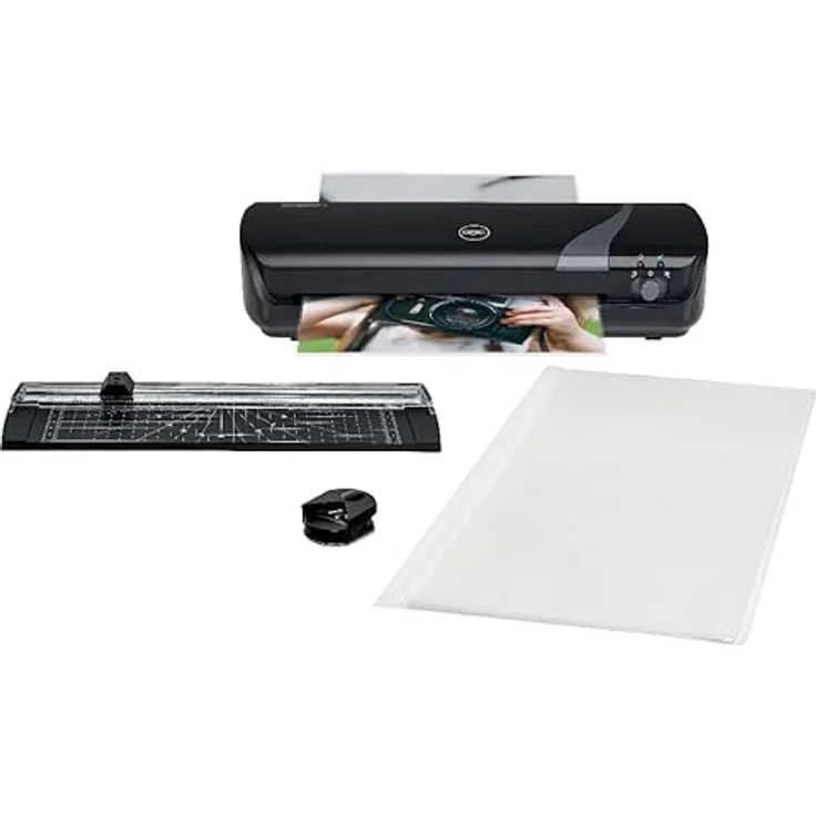 GBC Inspire+ 4-in-1 Set mit A4-Laminiergerät, Papierschneider und Eckenrunder, inkl. Starterkit mit Laminierfolien, Für 75 bis 125 mic Laminierfolien, Laminiergerät in Schwarz (4410036) – Bild 1