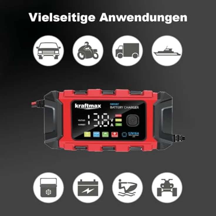 Kraftmax BC-360, 12V Batterieladegerät mit 6A Ladestrom für AGM, GEL, SLA, Nass-, Deep-Cycle- und LIFEPO4-Batterien – Bild 5