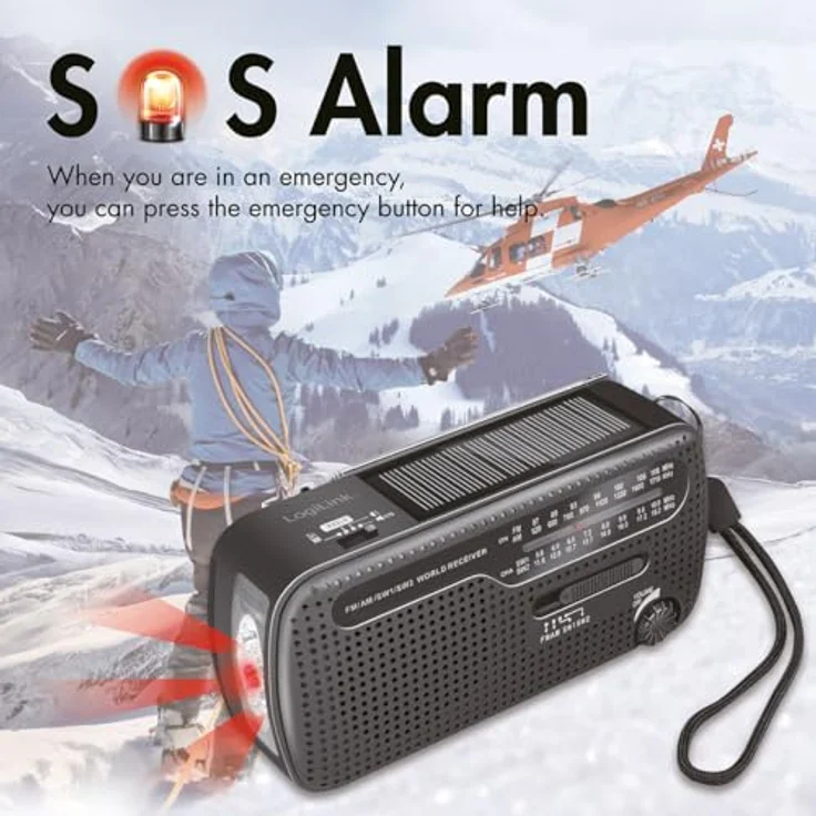 LogiLink Notfallradio 4-in-1, AM/FM, Handkurbel, Solarpanel, Powerbank-Funktion, LED-Taschenlampe, 1200 mAh Akku – Bild 3