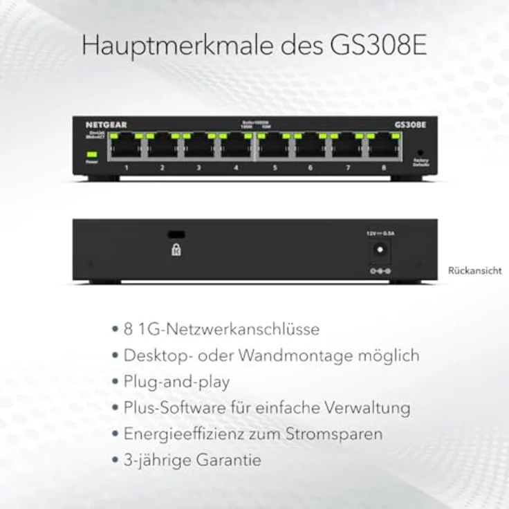NETGEAR GS308E Managed Switch 8 Port Gigabit Ethernet LAN Switch Plus, Schwarz, lüfterlos, robustes Metallgehäuse – Bild 2