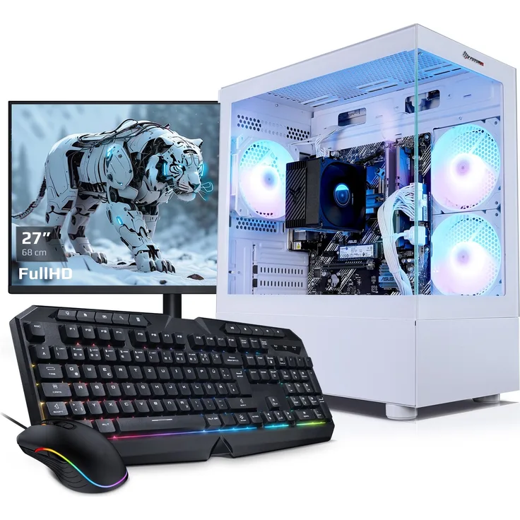 kiebel.de PC Set mit 27 Zoll TFT, AMD Ryzen 5 5600GT, 16GB DDR4, 500GB SSD, WLAN, Windows 11, Komplettsystem, weiß