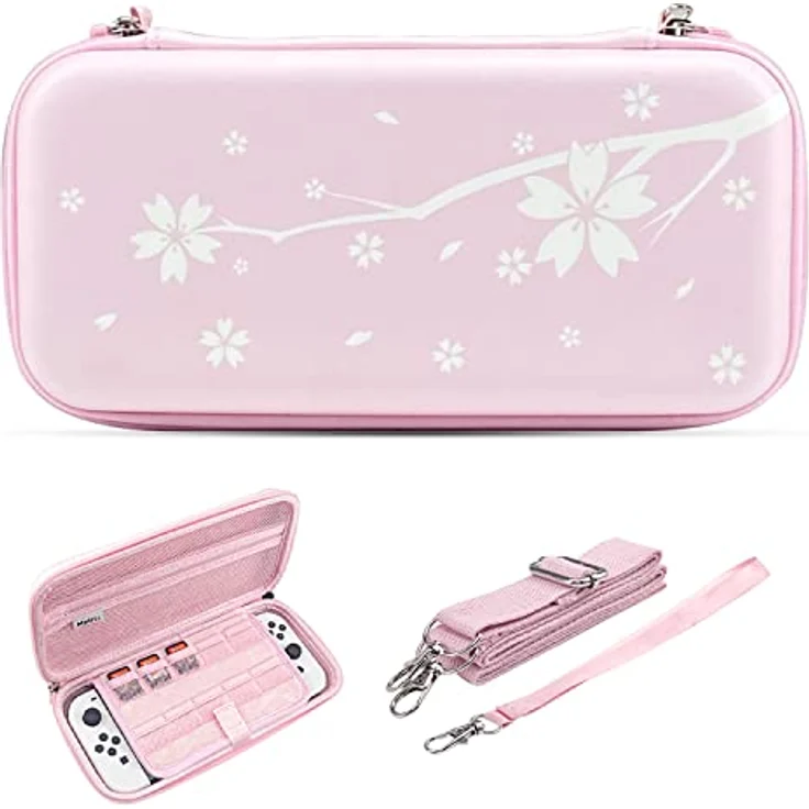 Mytrix Pink Sakura Tragetasche für Nintendo Switch/OLED/Lite, schützende Reise-Aufbewahrungstasche mit 10 Spielkartenfächern und verstellbarem Schultergurt – Bild 1