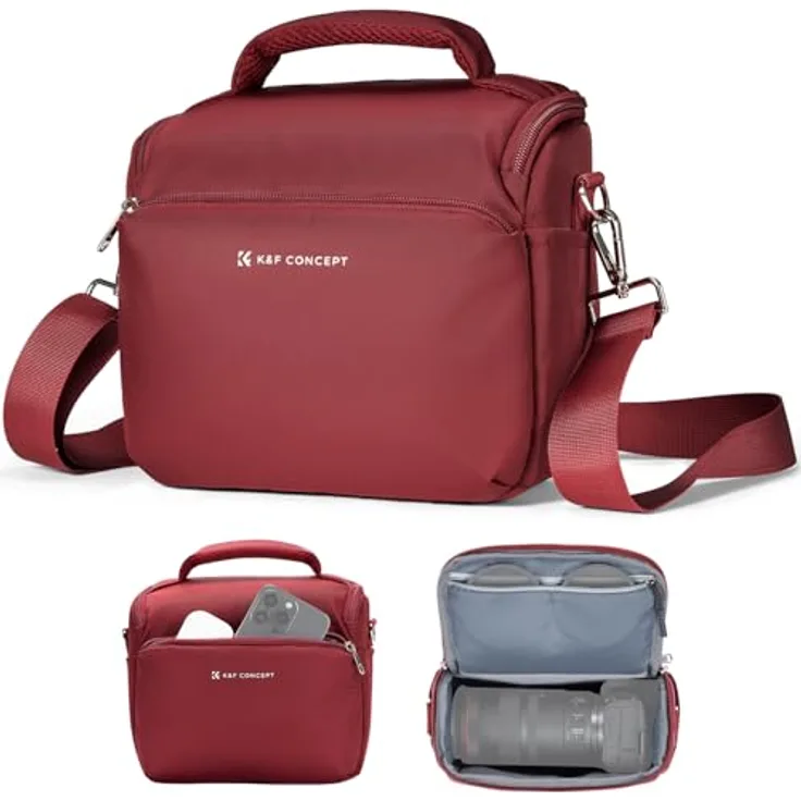 K&F CONCEPT Kamera-Rucksack, SLR-Umhängetasche mit herausnehmbarer Trennwand, wetterfester Fototasche für den Alltag, Rot