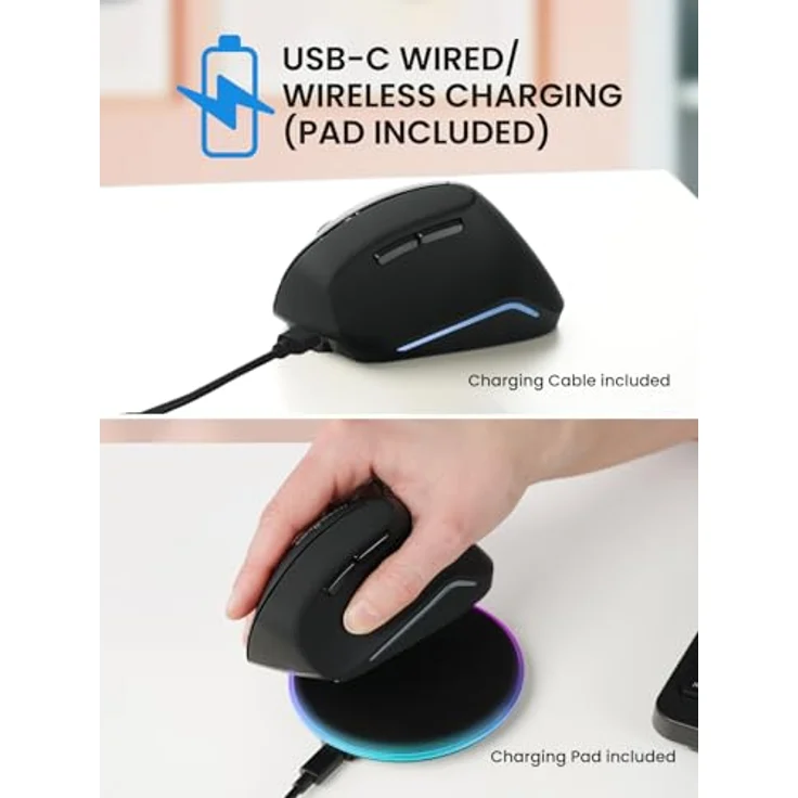 Perixx PERIMICE-715RX Kabellose Wiederaufladbare Vertikale Maus, Ergonomisches Design, Duale Ladefunktion (Kabel & Wireless), Inklusive Wireless-Ladegerät, Für Rechtshänder, Schwarz – Bild 5