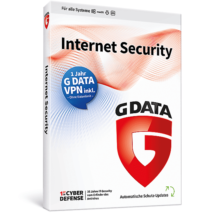 G DATA Internet Security 3 Geräte 1 Jahr + VPN, Schutz vor Viren und Ransomware für PC, Windows, macOS, Android, iOS