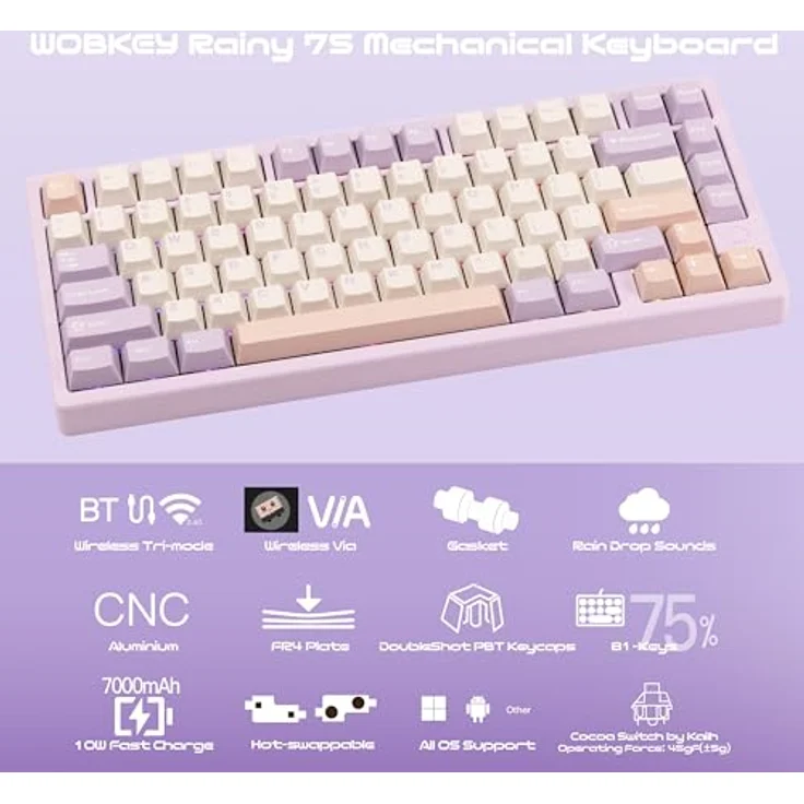 CutiePcs WOBKEY Rainy 75, Mechanische Tastatur mit HMX/JWK Switches, Aluminiumgehäuse, Kabelgebunden & kabellos, A-RGB Beleuchtung, Pro - Lila – Bild 2