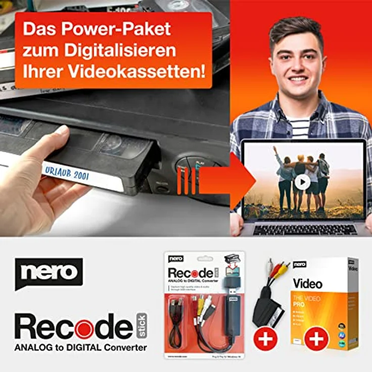 Nero VHS zu USB Video Grabber Recode Stick inkl. Videobearbeitungssoftware | Videoschnitt | Videokassetten digitalisieren | Windows 11 / 10 / 8 / 7 – Bild 1