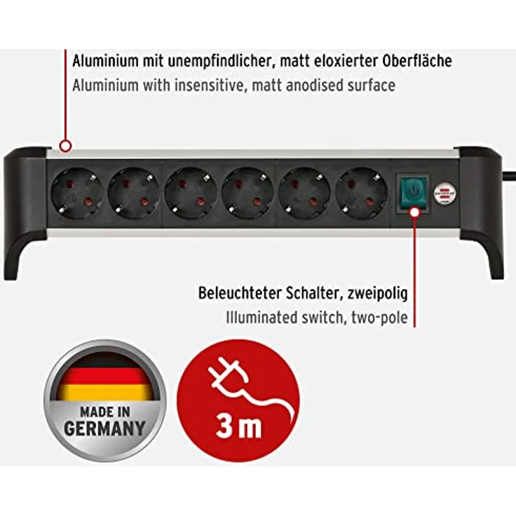 Brennenstuhl Alu-Office-Line Steckdosenleiste 6-Fach/Steckerleiste aus Aluminium für den Schreibtisch (Mehrfachsteckdose mit Schalter und 3m Kabel) – Bild 2