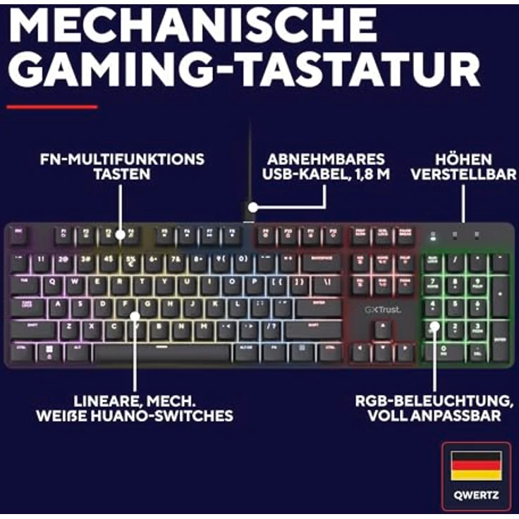 Trust Gaming GXT 871 Zora Mechanische Gaming Tastatur mit RGB Beleuchtung, Lineare Huano Switches, N-Key Rollover Anti-Ghosting, USB Programmierbar, Deutsch QWERTZ Layout – Bild 3