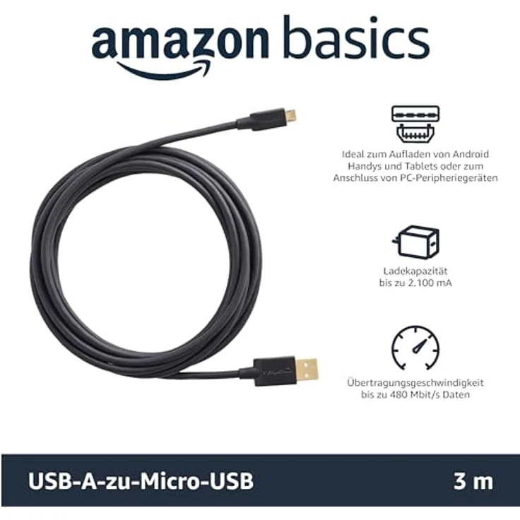 AmazonBasics Verbindungskabel, USB 2.0, USB-A-Stecker auf Micro-USB-B-Stecker, 3 m, Schwarz, 5er Pack - Preisvergleich – Bild 2