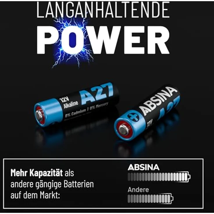 ABSINA 8X 27A 12V Batterie - Alkaline Mini auslaufsicher & langlebig - Garagentoröffner & mehr - MN27, A27A, LR27A, A27 12V (8er Pack) – Bild 5