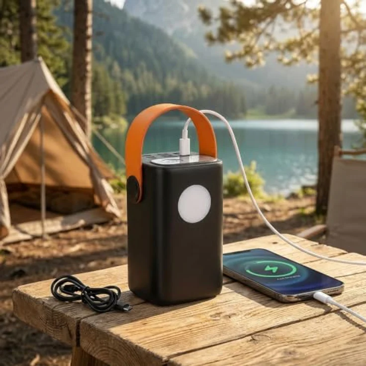 ideoon Powerbank 60000mAh, 100W, USB-C PD Externer Akku mit LED Lampe und Dimmstufen für Laptop, Notebook, Smartphone - Schwarz/Orange – Bild 1