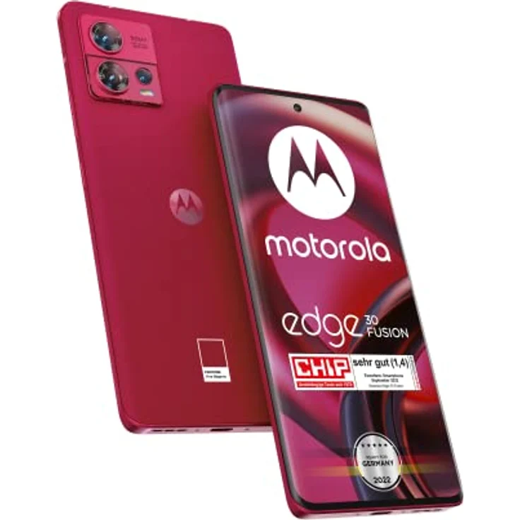 Motorola edge30 Fusion Smartphone (6,55"-FHD+-Display, 50-MP-Kamera, 8/128 GB, 4400 mAh, Android 12), Viva Magenta, inkl. Schutzcover u. Earbuds + KFZ-Adapter  – Bild 1