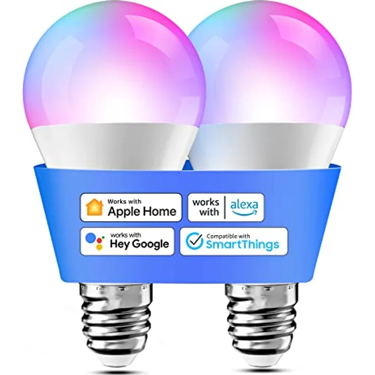 Smart Glühbirne Set 2 LED-Glühbirnen kompatibel mit HomeKit, Siri, Alexa, Google Home und SmartThings, E27 RGBWW Wi-Fi-Glühbirne, dimmbar, mehrfarbig, mit Sprachsteuerung und Fernbedienung – Bild 1