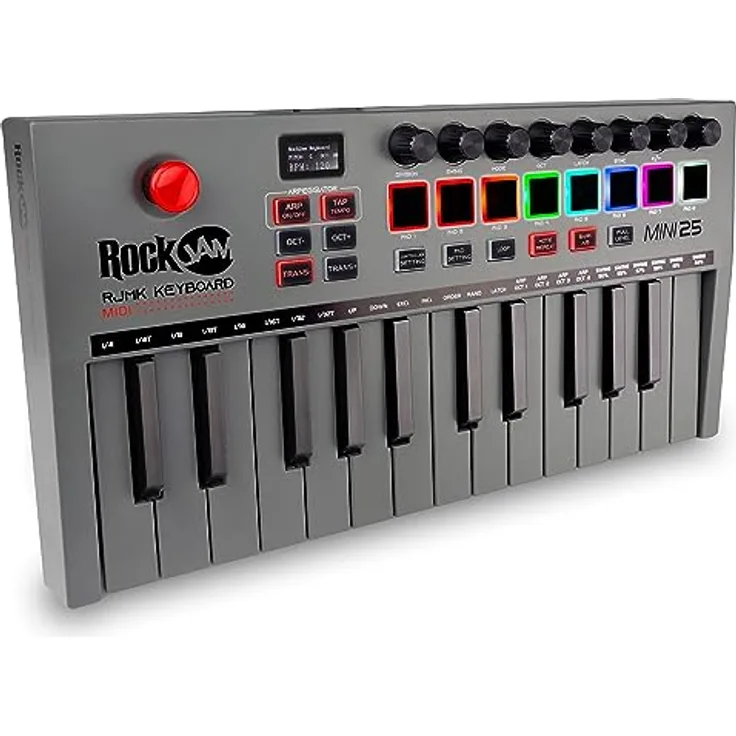 RockJam Go 25 Key USB & Bluetooth MIDI Keyboard Controller With 8 Backlit Drum Pads, 8 Knobs - Drahtlose Freiheit, Wiederaufladbarer Akku, Vielseitige Bedienelemente, Innovativer Joystick.