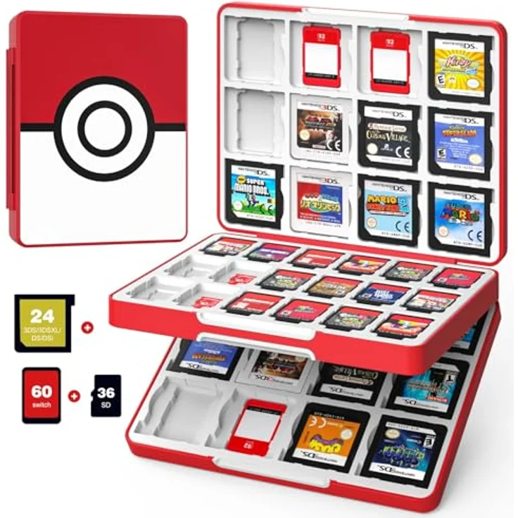 MoKo 60 Slots Spiel Aufbewahrungsbox für Switch 2 / Switch OLED / 3DS / 3DSXL, mit 24 3DS und 36 SD Karten Slots, Rot Ball, sicherer Magnetverschluss und stoßfester Hartschale – Bild 1