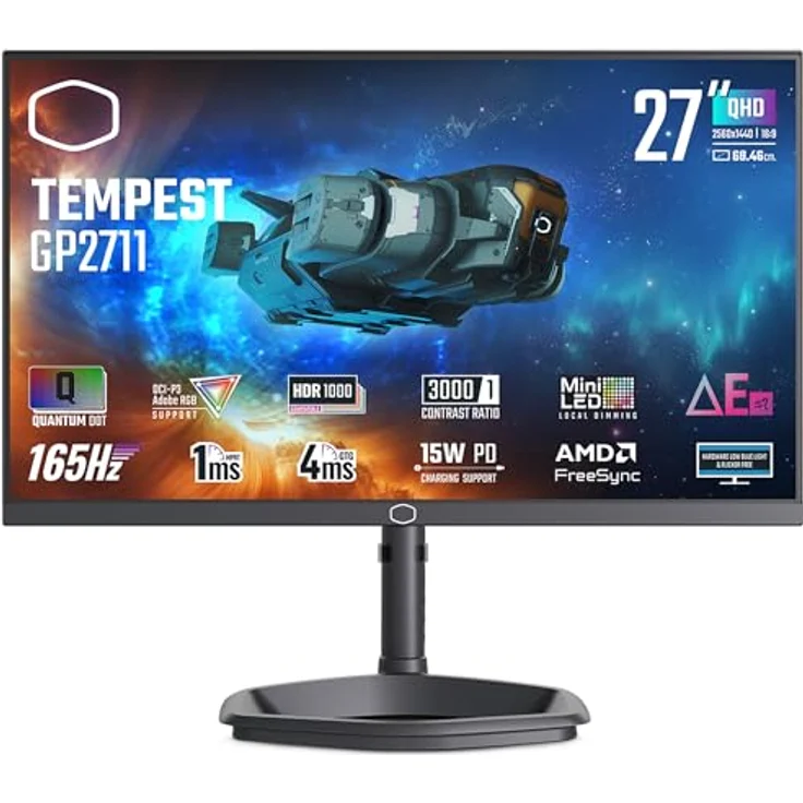 Cooler Master Tempest GP2711 – 27" Gaming-Monitor, WQHD (2560x1440), 165Hz, 1ms, VA-Panel, 95% DCI-P3 Quantum Dot & Mini-LED 576 Zonen, KVM, HDR 1000, DP 1.4, HDMI 2.0, USB-Typ -C (15W), schwarz – Bild 1