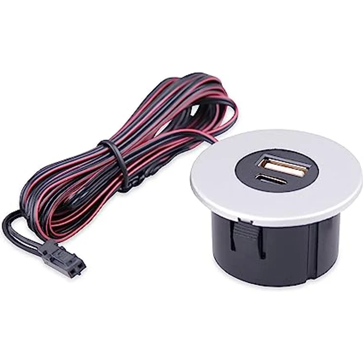 kalb Einbau USB-Hub 2 in 1 USB und USB-C, Edelstahl, Steckdose für Möbel, silbergrau, 12V, platzsparend mit 200 cm Kabel – Bild 1