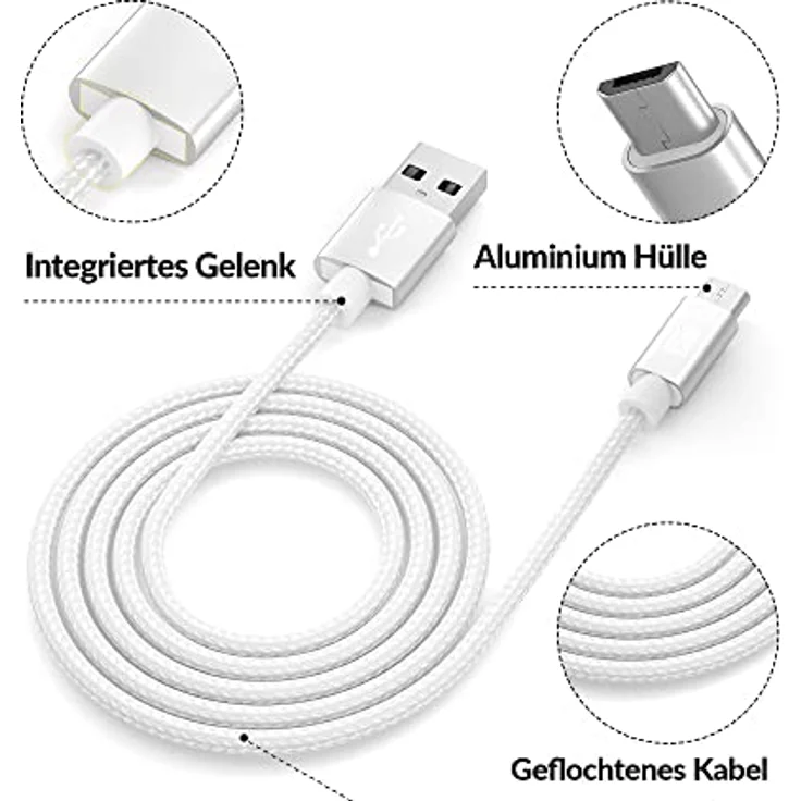 JAMEGA 3m Premium Micro USB Kabel | Nylon geflochtenes Ladekabel mit 2,4A Schnellladung für Android Geräte – Weiß – Bild 4