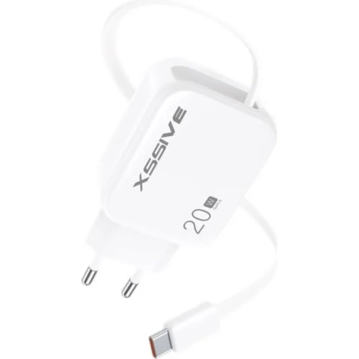 Xssive 20W PD GAN Schnellladegerät mit einziehbarem USB-C Kabel, ideal für iPhone und Smartphones