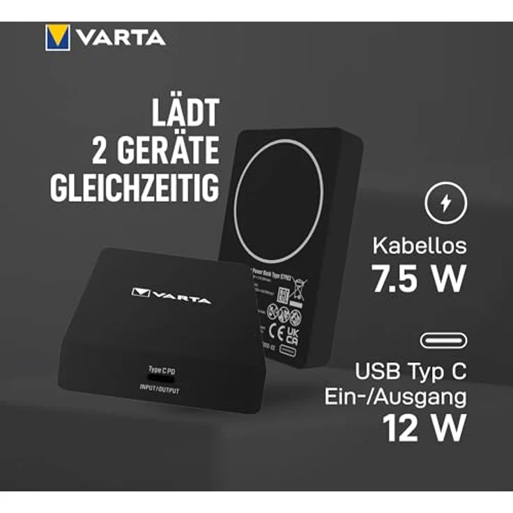 VARTA Mag Pro Power Bank 5.000mAh, magnetische kabellose Powerbank, kompatibel mit MagSafe & Qi, 7,5W, USB Typ C, schwarz – Bild 3