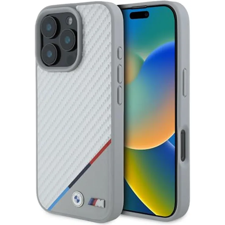BMW BMHMP16L23PUDTS Hülle für iPhone 16 Pro 6.3" grau, Hartschalenkoffer der M Carbon Tricolor Line aus Kunstleder / PC / TPU