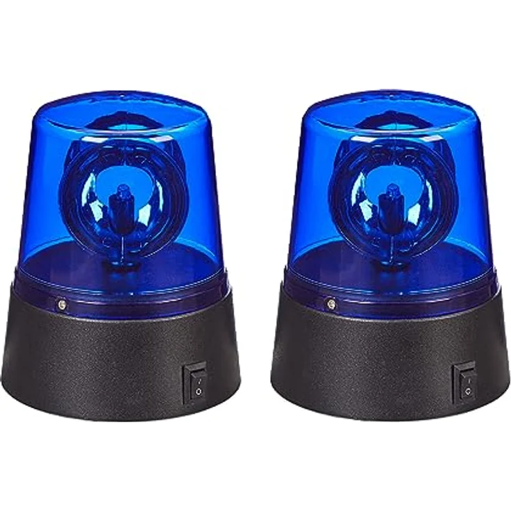 Relaxdays LED Blaulicht, 2er Set, Rundumleuchte mit drehendem Reflektor, Partylicht, Geburtstag, batteriebetrieben, blau, Kunststoff – Bild 1