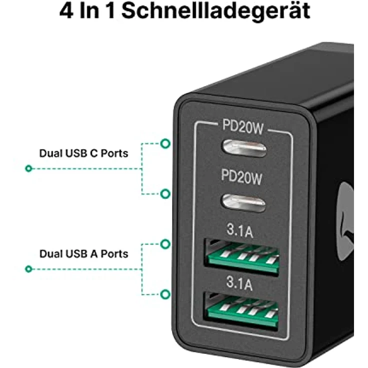 Aioneus 2-Pack USB C Ladegerät, 40W 4-Port Adapter mit PD 3.0, Schnellladegerät für iPhone und Samsung, Weiß – Bild 3