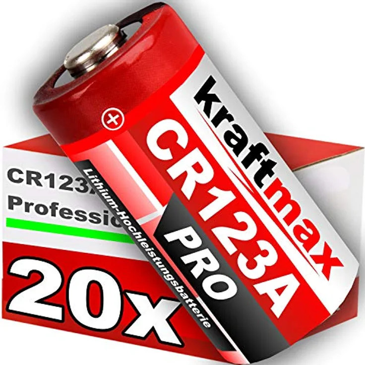 kraftmax CR123 / CR123A Lithium Hochleistungs-Batterie, 20er Pack mit extrem geringer Selbstentladung und bis zu 10 Jahren Lagerfähigkeit