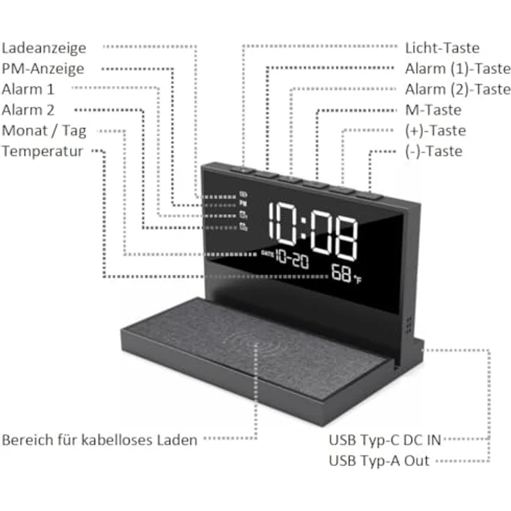 REFLEXION ACW2188 Wireless Charger, Wecker mit kabellosem Ladegerät, Großes Display für Uhrzeit, Datum und Temperatur, 2 Weckzeiten, Nachtlicht, USB Ladefunktion – Bild 2
