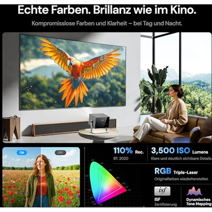 Valerion VisionMaster Max 4K-Laserprojektor, 3500 ISO-Lumen, Anti-RBE, HDR10+, externer optischer Zoom 0,9–2,0:1, 300”, 4 ms, 240 Hz, Dolby Atmos – Bild 5